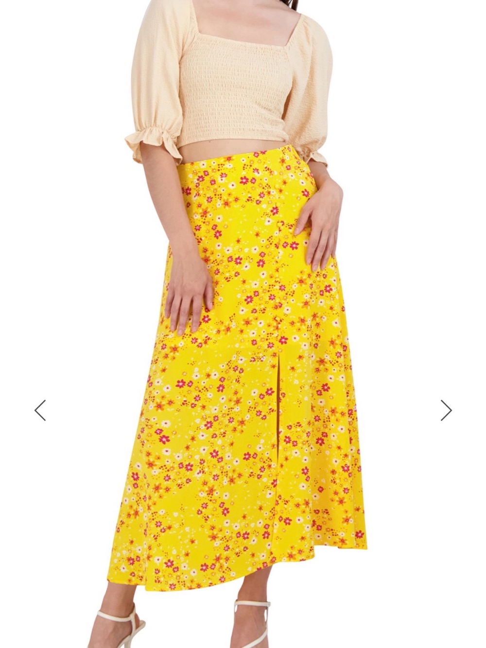 BCBGeneration Yellow Floral Button Front Midi Skirt Size M Slit Lined